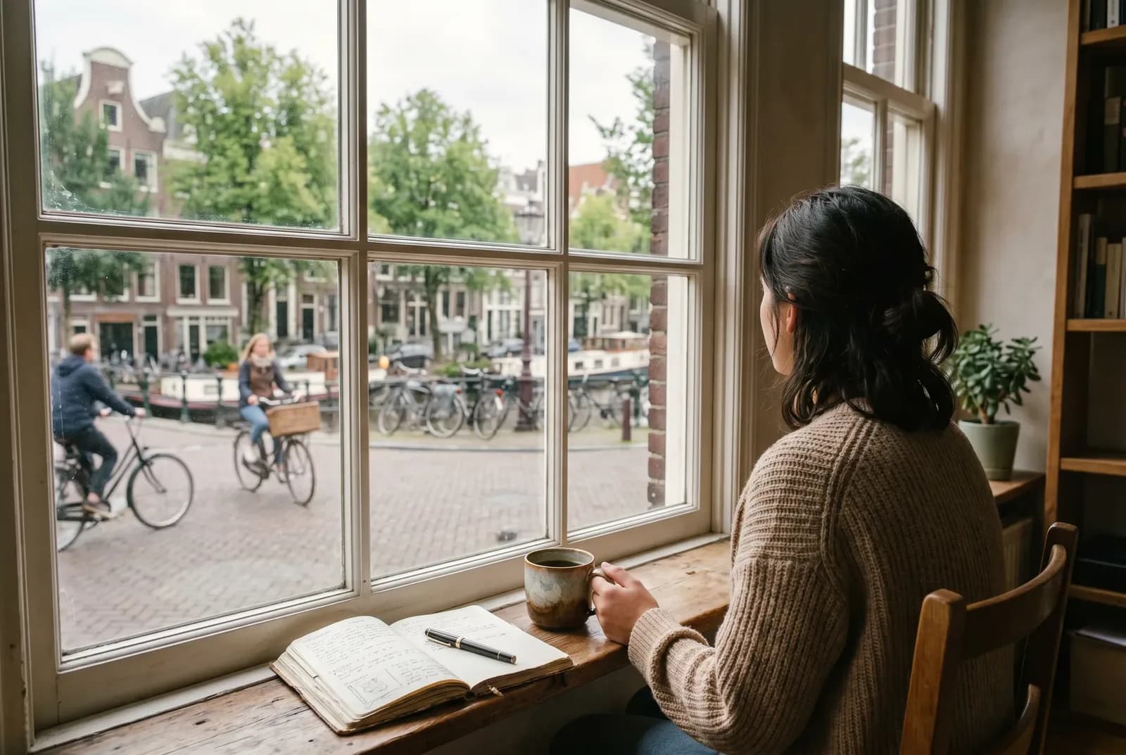 Iemand kijkt met een kop koffie uit het raam over een rustige Nederlandse straat