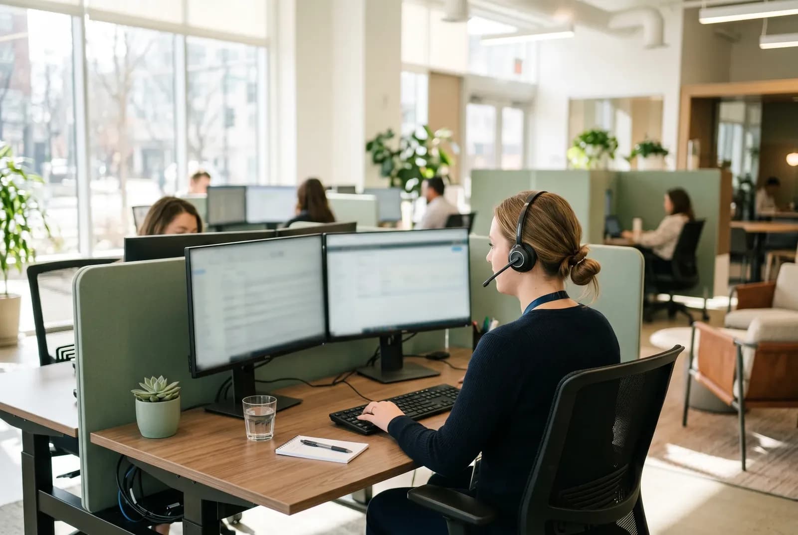Medewerker met headset aan een werkplek in een klantcontactcentrum