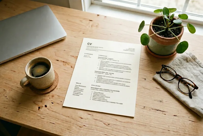 Bureau met een uitgeprint cv, laptop en kop koffie in ochtendlicht