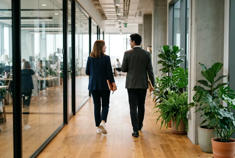 Twee collega’s lopen door een lichte kantoorgang met glazen wanden