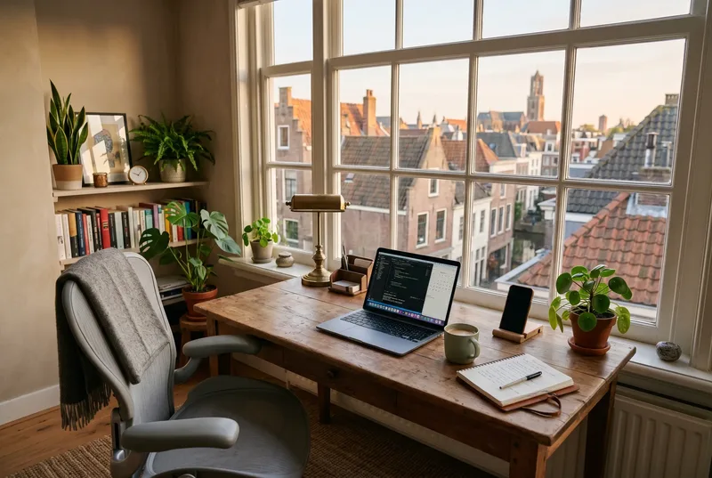 Thuiswerkplek met laptop bij een groot raam met uitzicht over daken