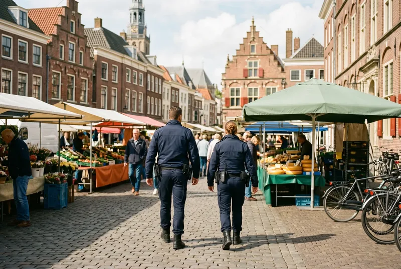 Twee handhavers lopen over een Nederlandse markt in de ochtendzon